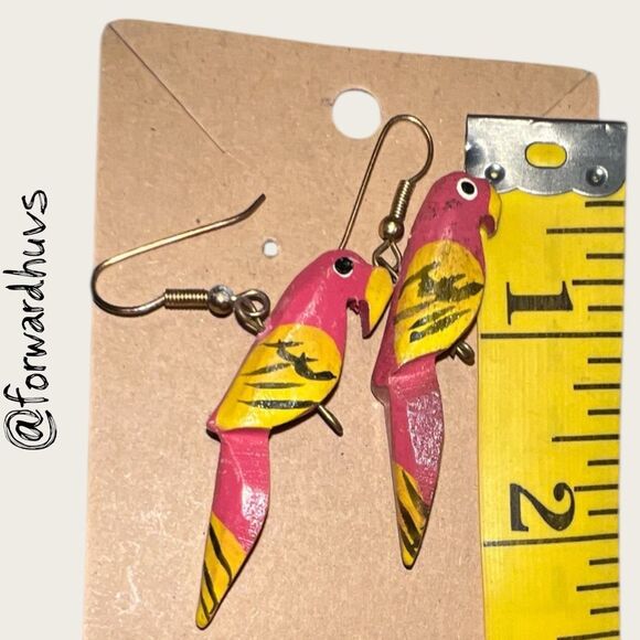Bohemian Style Hand-Painted Wooden Parrot Earrings – 2” Dangle - Picture 6 of 8